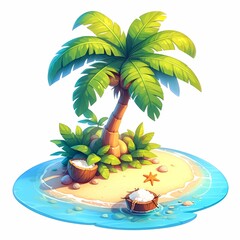 Obraz premium Tropical Island with Palm Tree, Sand, and Coconuts