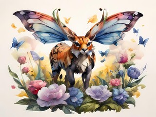 Design a surreal watercolor of a animal with butterfly wings standing in a field of giant flowers. 