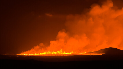 Grindavik, Iceland, August 22, 2024. 30 km from the capital Reykjavik, a volcano began to erupt. A new volcanic eruption in Iceland, a 4 km split in the earths crust, tongues of fresh lava.