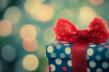 Obraz premium A charming gift box wrapped in blue polka-dotted paper with a cheerful red bow is perfectly staged in front of soft-focus, glowing bokeh lights, embodying festivity.