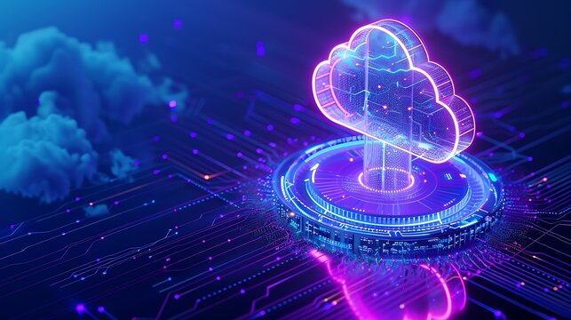 Futuristic cloud technology concept with neon glowing lights, digital data lines, and a cloud icon. Abstract digital technology background.