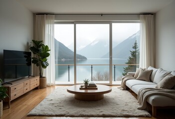 Fototapeta premium Gloomy Minimalist Lake House Interior: Modern White Sofa, Wooden Floor, and Cozy Blanket