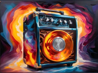 An oil painting of a guitar amplifier with electric waves and bold colors radiating from it, capturing the energy of live music.