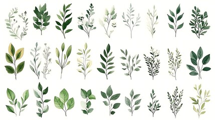 Fototapeta premium This image showcases a variety of hand-drawn green leaf botanical illustrations