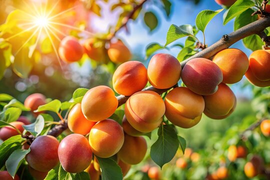 Apricot tree  in warm climate full of vhe vitamin C ripe orange fruit on branch. Harvest of Juicy apricots and peach delicious summer fruits against blue sky and sun
