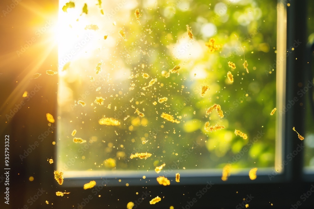 Poster Golden sunlight beams through a window, illuminating floating dust motes and creating an ethereal and magical effect, capturing a serene moment of beauty and tranquility.