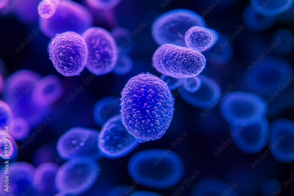 Poster close-up of bacteria illuminated under a microscope, showing cellular structure in vivid blue and pu