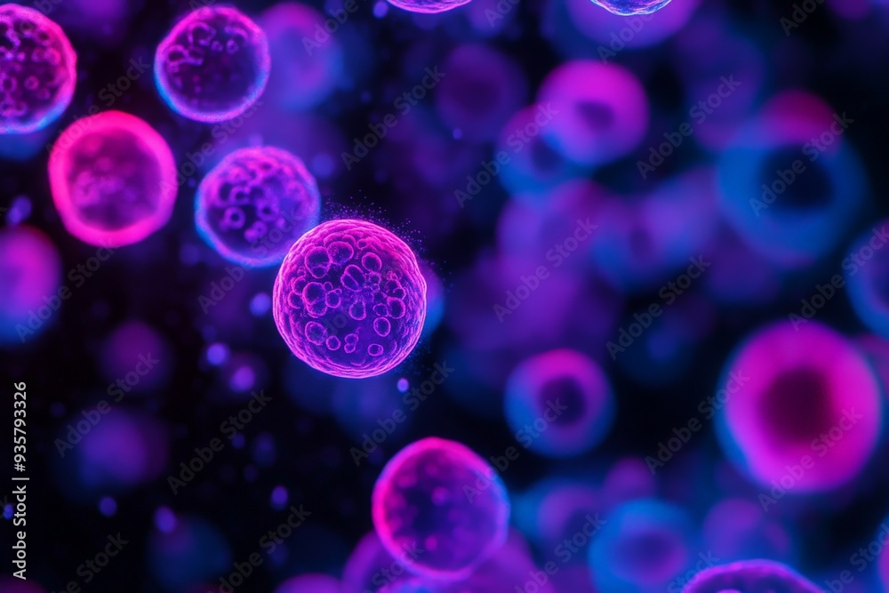 Poster brightly colored spherical cells viewed under a microscope, showcasing intricate details and vivid p