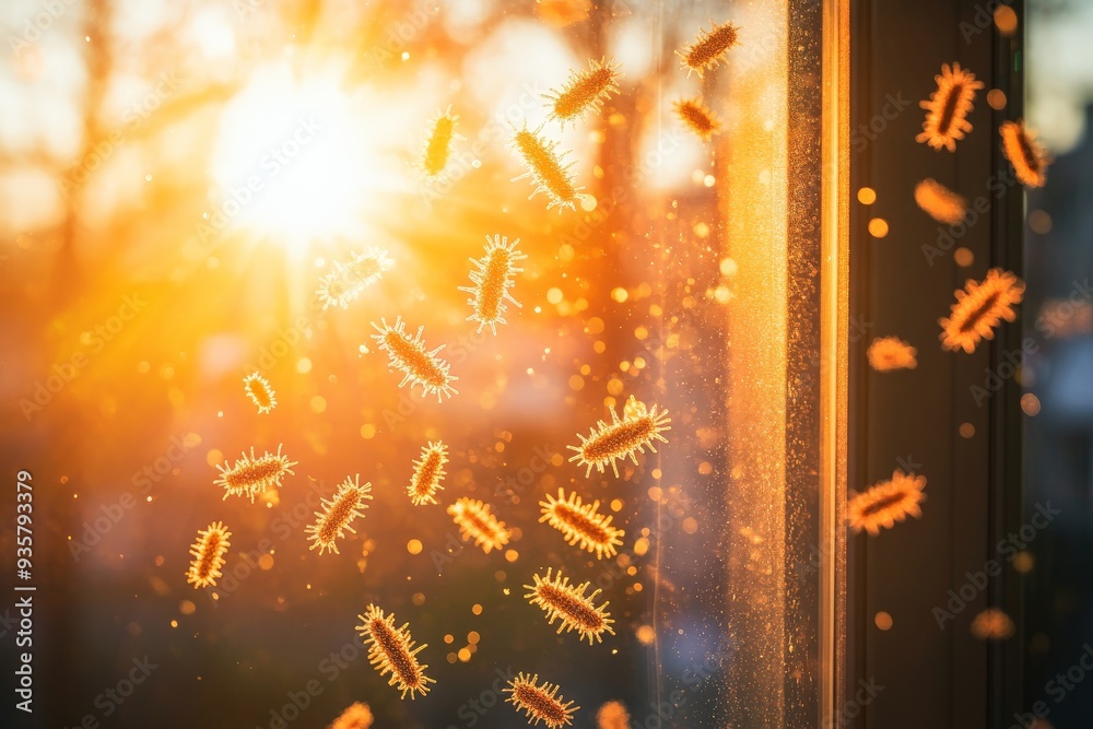 Poster Dust particles illuminated by sun suggest microscopic organisms or motes, creating an artistic and scientifically intriguing scene with warm sunlight filtering through the window.
