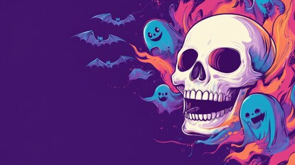 A vibrant Halloween-themed artwork featuring a fiery skull surrounded by cheerful ghosts and bats flying against a purple background, blending horror and fun.