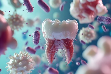 This 3D-rendered image illustrates a tooth encircled by various microscopic bacteria and germs, emphasizing dental hygiene and the presence of harmful microorganisms in the mouth.