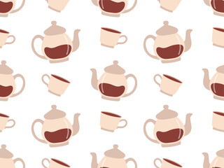 Seamless pattern with teapot and cups filled with tea. Vector of repeating elements of tea drinking