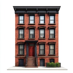 Obraz premium Photorealistic Brownstone House 3D Render - Isolated on White Background