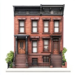 Obraz premium Photorealistic Brownstone House 3D Model - Isolated White Background - Urban Style