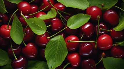 Wet cherry with leaves and drops. Full frame background. Neural network ai generated art