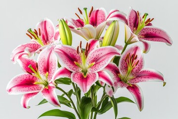 Fototapeta premium A stunning bunch of pink lilies in full bloom with green leaves, displaying the vibrancy and elegance of this popular flowering plant against a grey background.