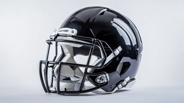 Close-up of a sleek black football helmet on a plain background. Ideal for sports and athletic related content and promotions.
