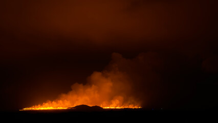 Grindavik, Iceland, August 22, 2024. 30 km from the capital Reykjavik, a volcano began to erupt. A new volcanic eruption in Iceland, a 4 km split in the earths crust, tongues of fresh lava.