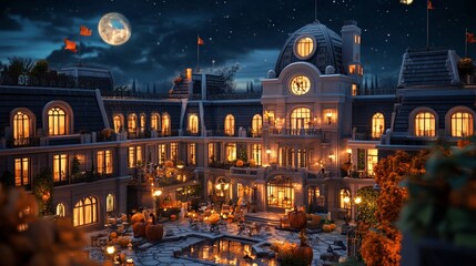 Obraz premium 45. Art Deco hotel rooftop, Halloween party, miniature spooky scene, 3D illustration