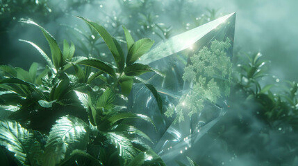 A macro shot of a plant leaf with a reflective 3D geometric shape partially obscured by natural elements