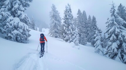 A skier traverses a snowy trail in a remote mountain area, surrounded by tall pine trees, during a cloudy winter day. Fresh snow blankets the ground