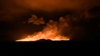 Grindavik, Iceland, August 22, 2024. 30 km from the capital Reykjavik, a volcano began to erupt. A new volcanic eruption in Iceland, a 4 km split in the earths crust, tongues of fresh lava.