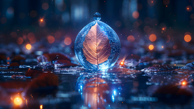 A macro shot of a raindrop-covered leaf with a 3D holographic object floating just above