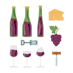 Wine elements set, Glass bottles, glasses with alcohol. Vector illustration of corkscrew, cheese
