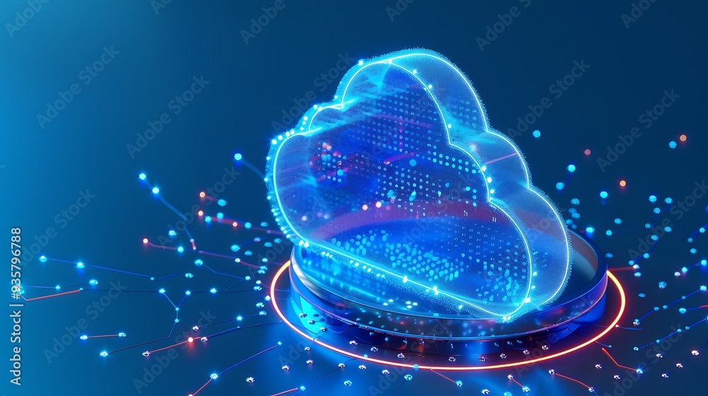 Poster futuristic digital cloud symbol with neon lights and connected data points, representing cloud compu