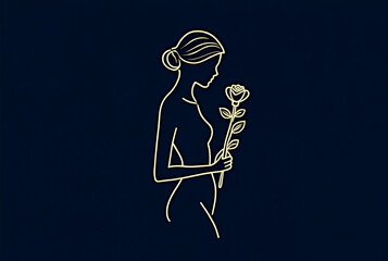 Painting of a woman with gold lines holding flowers on a dark background.