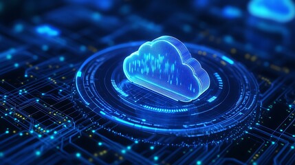 Futuristic digital cloud technology concept with data storage and connectivity in a blue glowing visual representation.
