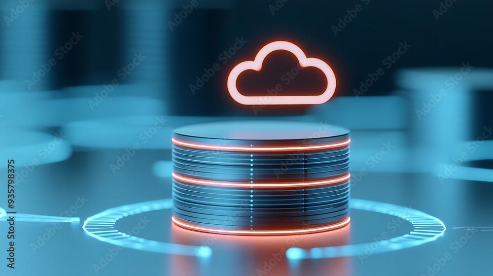 Poster futuristic digital data concept with glowing cloud icon over a server. ideal for technology and clou