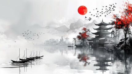 A serene painting of a Japanese landscape with a red sun © auttawit