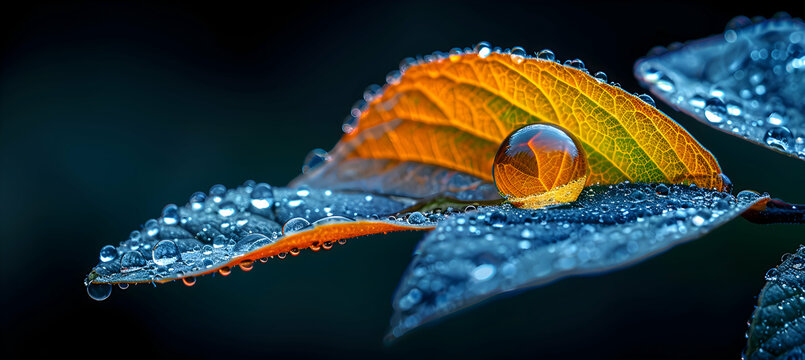 A macro shot of a water droplet-covered leaf with a glassy 3D object hovering nearby