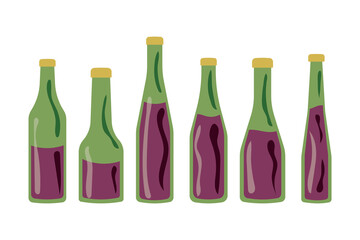 Set of bottles of different shapes filled with wine. Wine party concept. vector of glass bottles