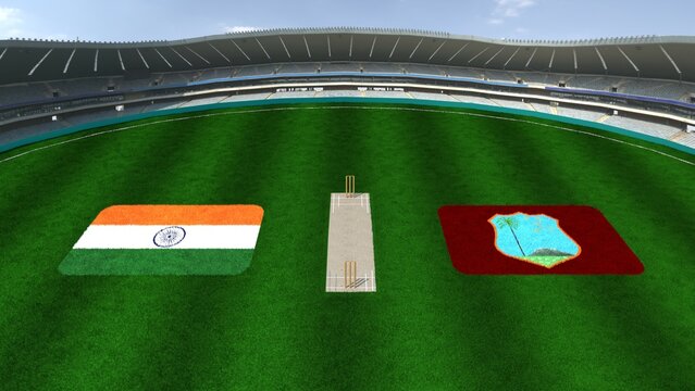 Cricket Stadium with INDIA AND WEST INDIES Flags on the Ground Representing INDIA VS WEST INDIES Cricket Match