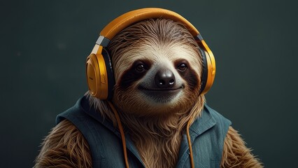 An example of a fashionable sloth with headphones. AI produced