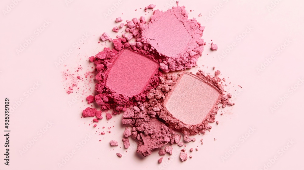 Poster three shades of pink cosmetic powders are scattered artistically on a soft pink surface, creating a 