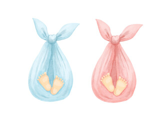 Baby foot in fabric pouch, watercolor isolated illustration. Cute hand drawn clipart