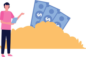 The boy is showing the money.