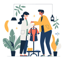 Person attends to a customer trying on a garment. Flat design colorful illustration