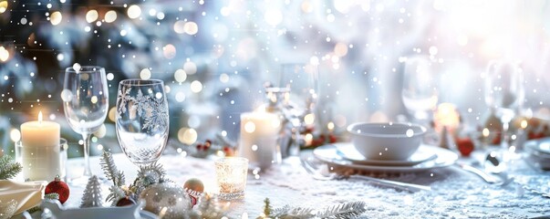 A table with a white tablecloth and a white plate with a bowl of food