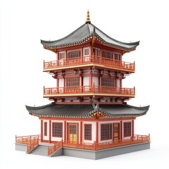 Photorealistic Pagoda House 3D Model - Isolated on White Background