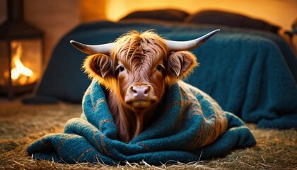 Baby highland cow in a room, sitting on grass under a blanket, cozy scene, bed and fireplace in the background