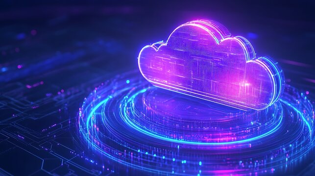 Futuristic neon cloud computing concept. Glowing digital technology with cloud symbol on a futuristic background.