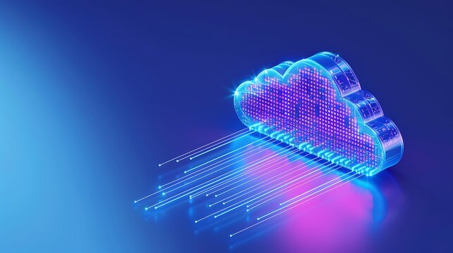 Futuristic neon cloud computing concept for data storage and technology innovation, with digital data streams on a blue background.