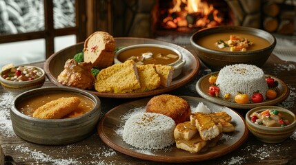 A Rustic Table Setting with a Hearty Meal of Soup, Fried Chicken, and Rice