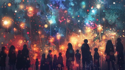 Fototapeta premium A group of people are standing in front of a fireworks display