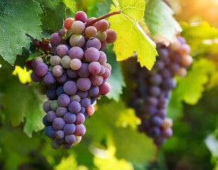 Close up of grape fruits with branch and green leaves in the garden.