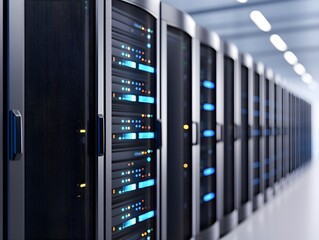 A row of sleek, modern servers in a data center, with blinking lights indicating active data processing